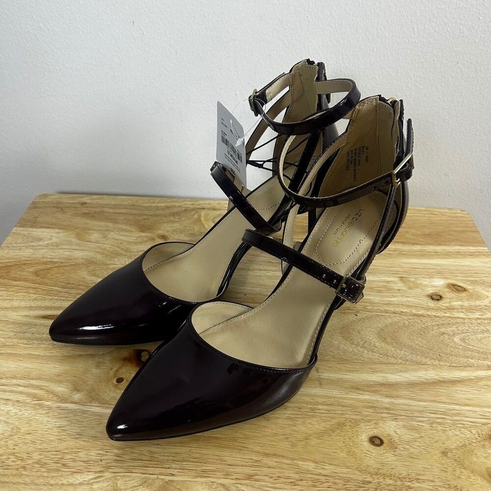 Liz Claiborne Harvey Womens 10 Dark Wine Patent Strappy Pointed Toe Heels